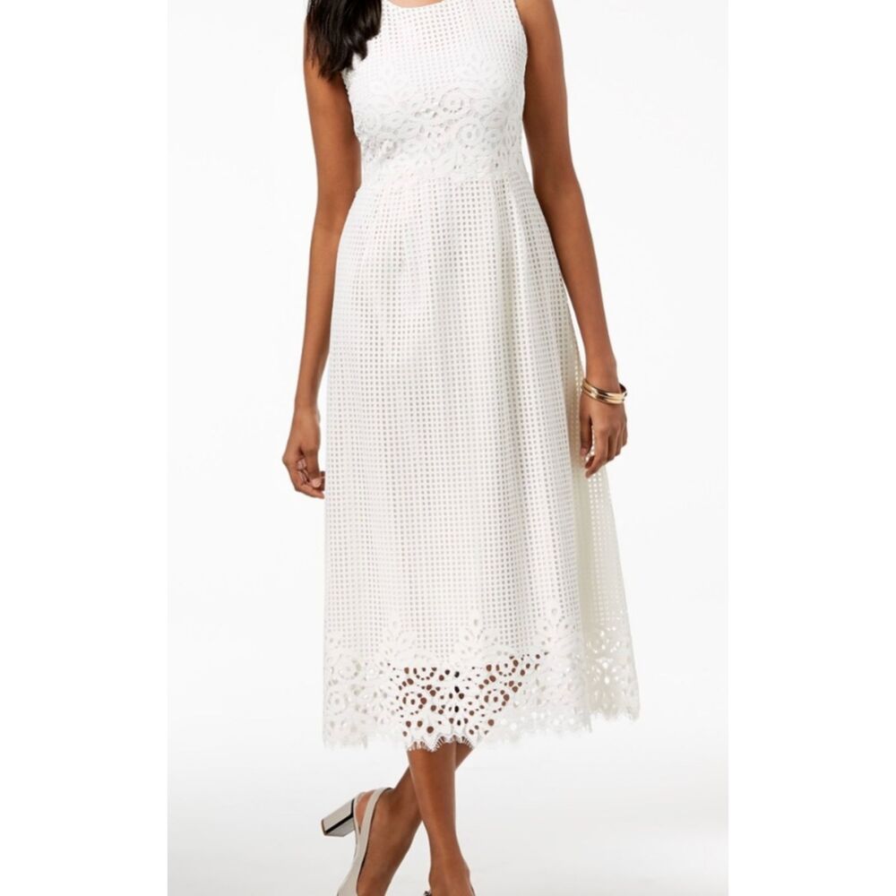 Alfani White Laser Cut Sleeveless Dress 14 NWT Midi Lined Lace Overlay Bridal